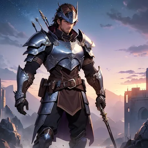 Masterpiece, HD, High Resolution, Best Quality, High Quality, High Details, Super Detailed. High fantasy genre, fantasy artwork. Solo character alone.
{{(A 40-years-old male-human-soldier:(appearance: fair-skin. full body covered and claded in armor and le...