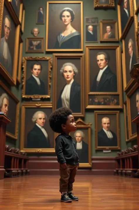 A black boy in a museum with paintings of white people