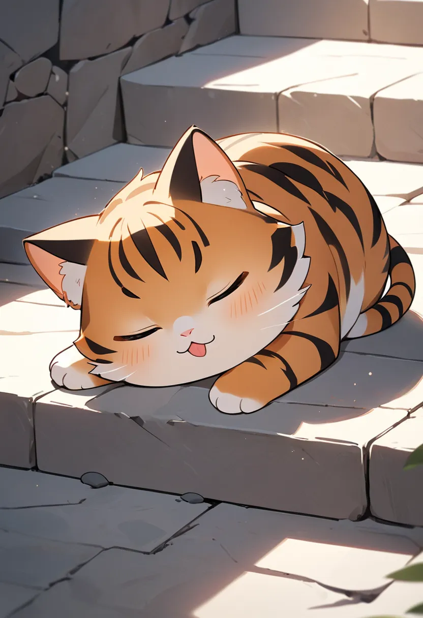 masterpiece, best quality, 8k, highres, simple illustration, chibi,tiger-striped cat, lie down, relax, closing eyes,grooming, self Grooming,tongue,stone steps, cute, minimalistic, orange and black fur, tilted head, soft lighting, white stone background, warm atmosphere, cartoon style, clean lines, minimal shadows