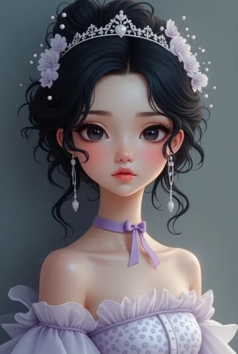  A white girl with wavy black hair with white highlights around her butt.  her black eyes . She wears a tiara with a silver one on her head . On your neck a lilac ribbon.  On her body a dress with a white heart Decode with a thin lilac ribbon