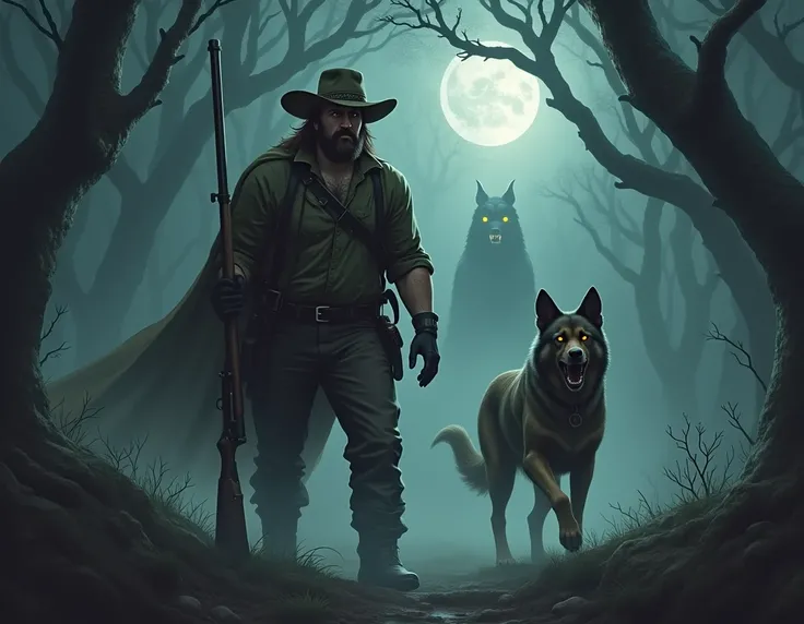  A brave hunter ,  with a strong and determined expression , is found in a dark forest , Iluminado por la luna,  with his eyes fixed on a distant figure .  Holds a rifle firmly in his hands ,  ready to hunt . At your side,  a faithful Argentine dog , big a...