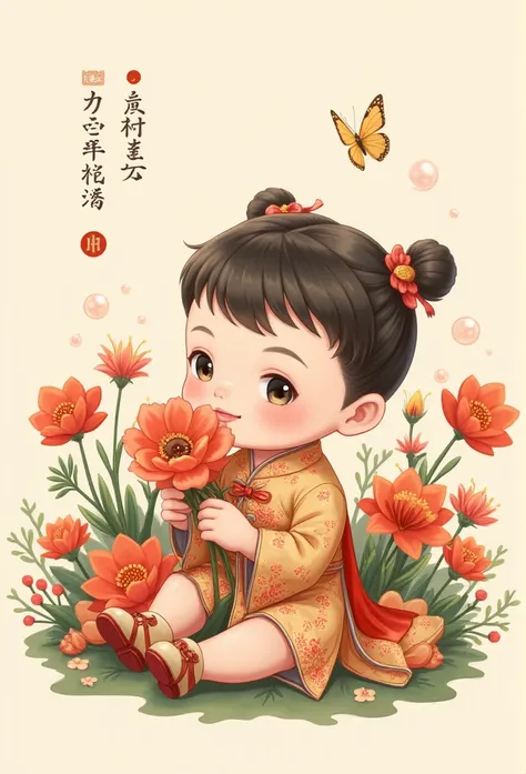 Chinese Baby Boy One Man Illustration、anime、High image quality、cute、llustration, Wearing an Antique Chinese Dress with Stuffed Hair,Put on vintage shoes,, sitting in a bunch of flowers ,butterfly,Transparent Red Bubbles,Holding flowers