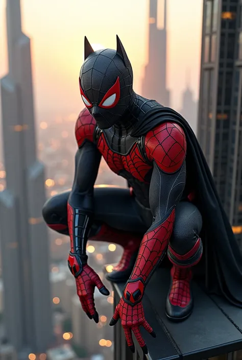 A hybrid of Spider-Man and Batman crouches on the edge of a Dubai skyscraper, a mix of webbing and half dark armour and half Red spider man armour  visible on his suit. His glowing, white eyes peer over the cityscape, and the bright sun reflects off the bu...