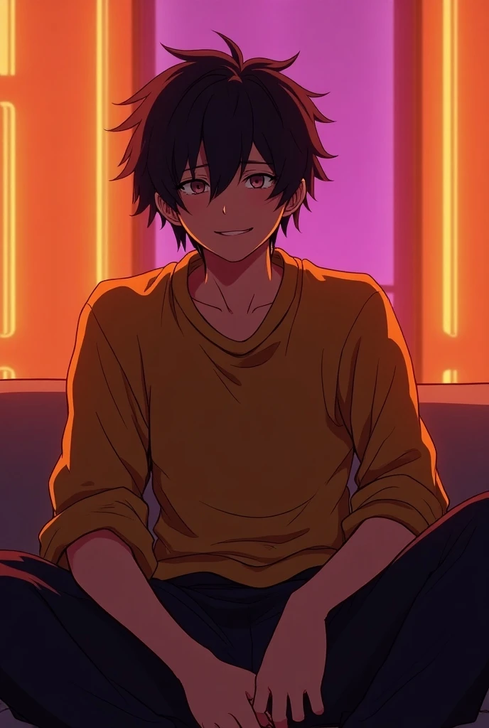 young man, relaxed, sitting, room neon details, front view, face, satisfatory background, (orange, purple, golden), adult sasuke, smile shy