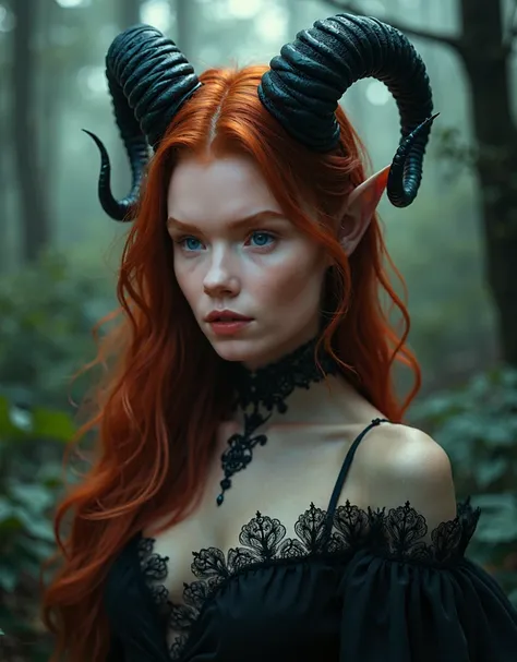 arafed woman With horns and makeup in a forest, With horns, fantasy photoshoot, demon queen with white horns, beautiful and elegant demon queen, Gothic shaman maiden, dark fantasy style, Portrait of a dark fantasy nymph, succubus | medieval, seductive tief...