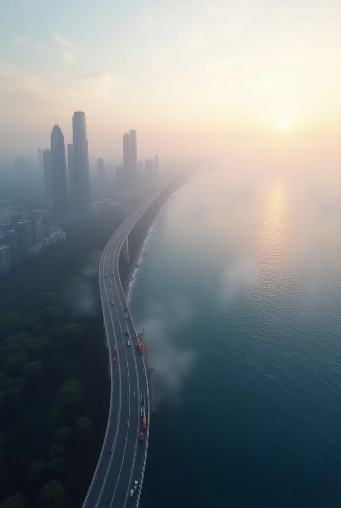 An empty bridge or highway that is slightly horizontally curved and is high above the ocean and surrounds the outer edge of an urban city of giant and tall glass and lit up buildings with no mountains. It’s slightly foggy during a sunrise. On the left side...