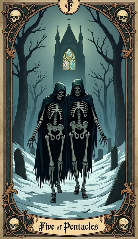 {
  "size": "1024x1024",
  "prompt": "A highly detailed, gothic rendition of The Five of Pentacles tarot card, emphasizing themes of loss, hardship, and isolation in a death-inspired setting. At the center, two skeletal figures draped in torn, decaying clo...