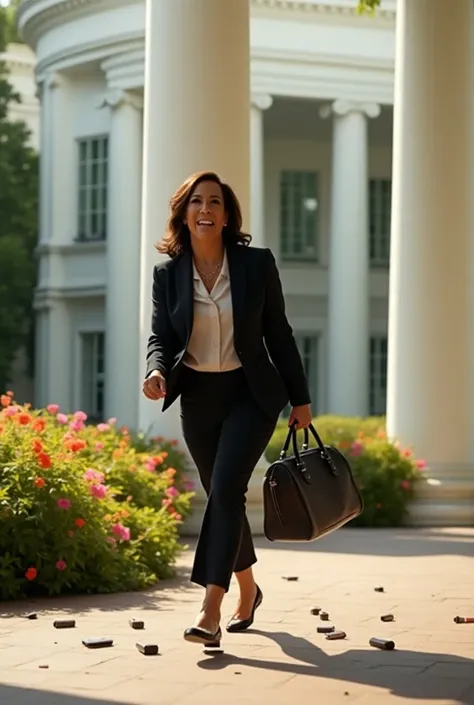  Picture a picture of U.S. Vice President Kamala Harris walking out of the White House, pulling a travel bag in her hand and looking in a light hurry, with some cosmetics that slip out of the bag and are scattered next to her on the ground, giving the scen...