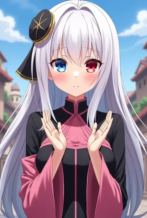 anime, Beautiful woman, long white hair, Right eye color red ,  left eye color blue, blushing cheeks, raising shoulders ,  with palms as a sign of question,  dressed in black and pink ,  background of the medieval city , is.