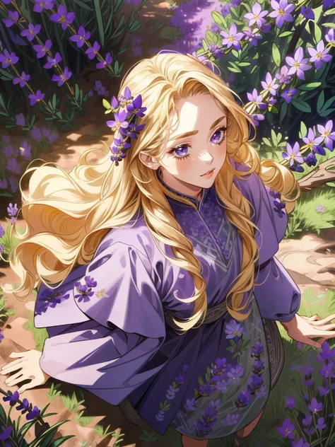 ((masterpiece:1.2, best quality)), ultra detailed, Ultra-precise depiction, Ultra-detailed depiction, (zentangle:1.2), (dynamic pose), (forest with lavander flower background:1.5), wavy long hair, blonde hair, intense purple eyes, mercenary dress, 1girl, c...