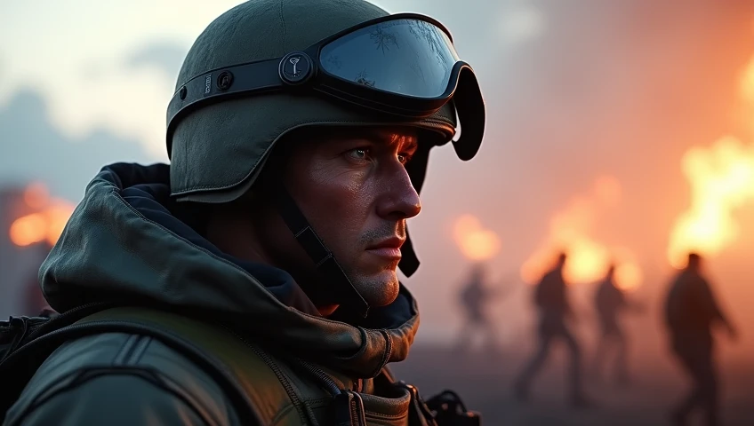 A realistic, intense scene inspired by Battlefield V gameplay, showing a soldier character with a focused expression on a dynamic battlefield. The background features soft smoke and dramatic lighting, adding depth. The soldier is illuminated against a slig...