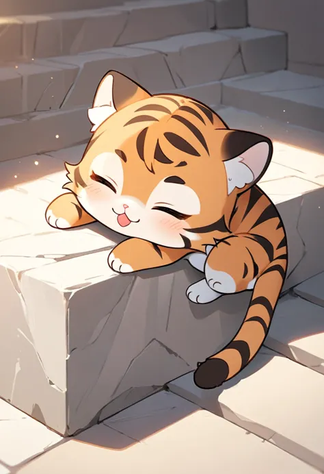 masterpiece, best quality, 8k, highres, simple illustration, chibi kitten,tiger-stripe, lie down, relax, closing eyes,grooming, self Grooming,tongue,background stone steps, cute, minimalistic, orange and black fur, tilted head, soft lighting, white stone background, warm atmosphere, cartoon style, clean lines, minimal shadows