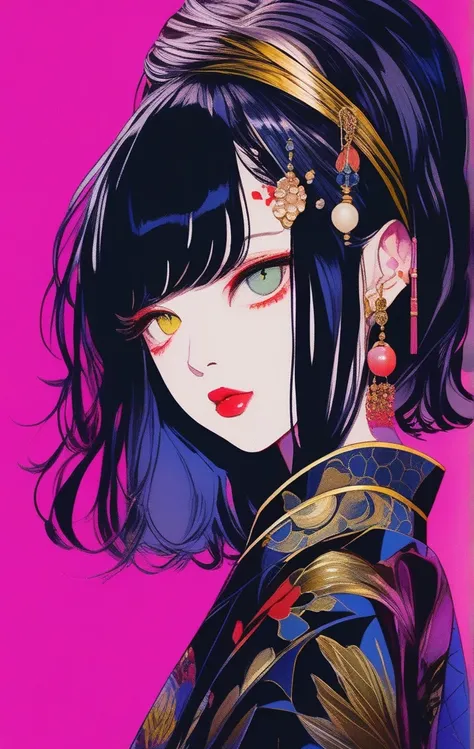 (Best Quality, sketch:1.2),Realistic,Illustrationレーター,Anime, 1 girl, Detailed lips,  tongue、((tongue out 、 Tongue out))、kimono,custom,  black and gold gradient background ,Neon Hair,Textureクロッピング, masterpiece,   style retro classic , Black Style 、Illustrat...