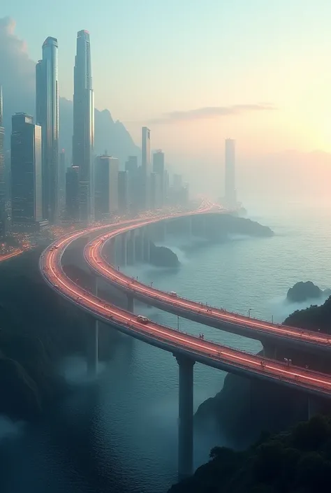 An empty bridge or highway that is slightly horizontally curved and is high above the ocean and surrounds the outer edge of an urban city of giant and tall glass and lit up buildings with no mountains. It’s slightly foggy during a sunrise. On the left side...