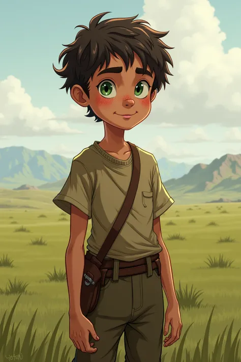 A 16-year-old human male with tousled dark brown hair and striking green eyes. His face is covered in freckles, giving him a youthful appearance. He has a tall, lean build. He wears simple, practical farmers clothing: worn boots, durable pants, and a loose...