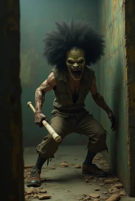 Faça um ghoul do universo de fallout com um afro ( torn and dirty clothes ) holding a bat in battle pose against 3 lvl 1 thugs inside a closed place, rosto de ghoul do universo fallout