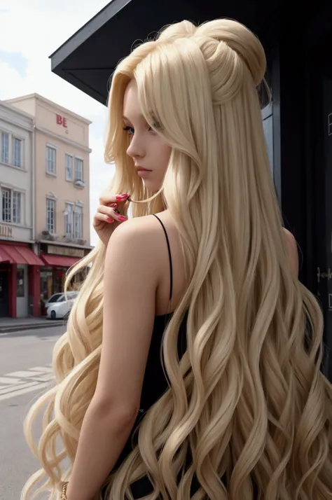  Image with a beauty salon in the background and in front of a girl with long blonde hair,  extensions that have hair extensions in your hand and that have letters that say "Bellalu ".