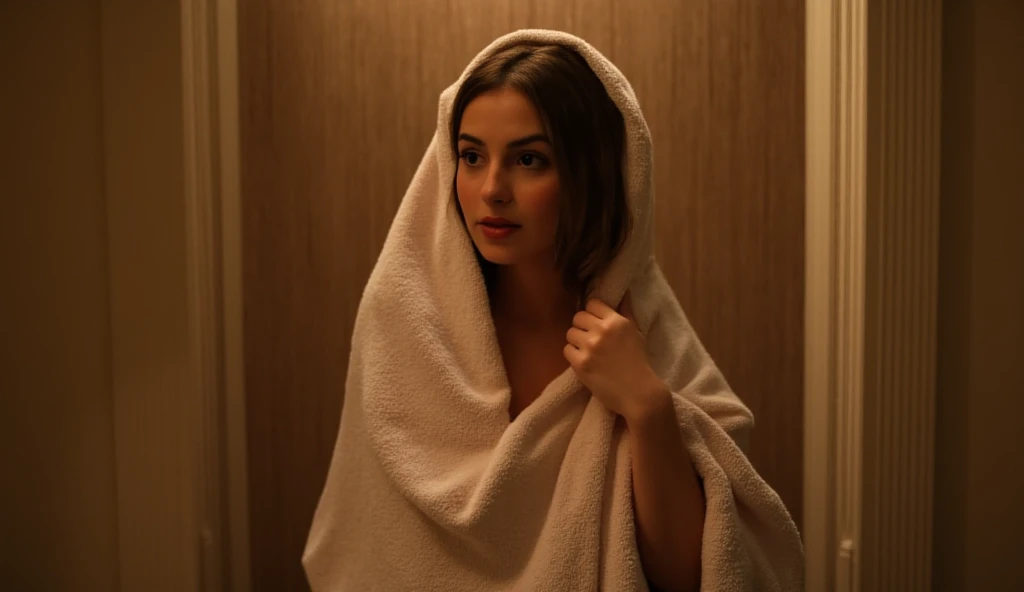 Create an image of a beautiful woman, wrapped in a towel, Answering the door