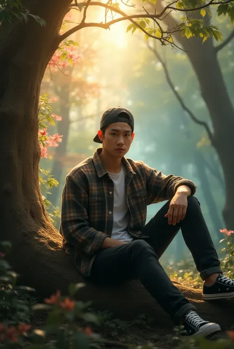 Mortal Realm: A handsome Korean man, reversed trucker caps, flannel shirt, black jeans, black converse shoes, sitting on a tree root branch. Face facing the camera, Earthy and warm colors—browns, oranges, and reds, with hints of green and gold. The atmosph...