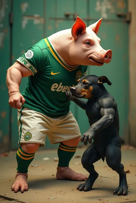 An anthropomorphic pig wearing the Palmeiras jersey just defeated an anthropomorphic dog wearing the Botafogo jersey in a fight
