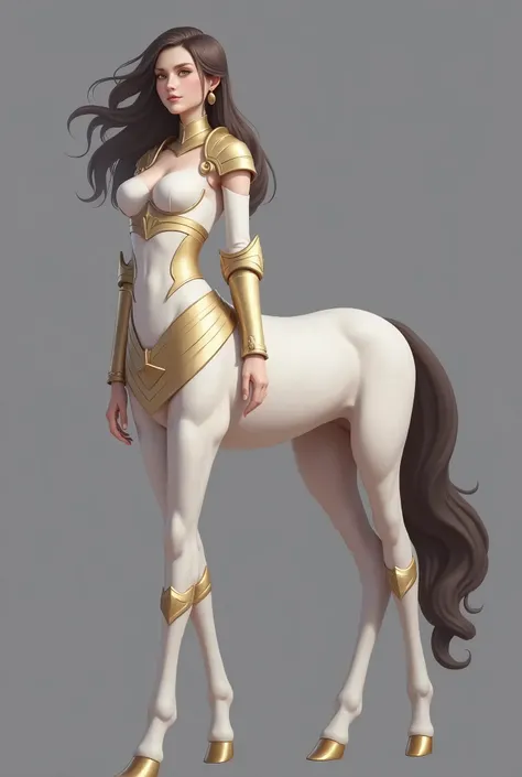 "A majestic centaur girl with long, wavy hair, wearing shining medieval armor, stands in a field of flowers at dawn, a golden light playing across her features."