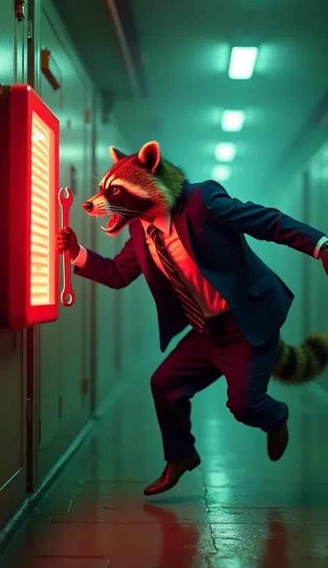  Red logo   "alarm" From the back, A big,   An aggressive raccoon in a blue suit and tie jumps at him and waves a wrench.  to the film《The Matrix》 standing around a futuristic chaotic office  ,  green-toned picture .  high quality ,  studio lighting 
