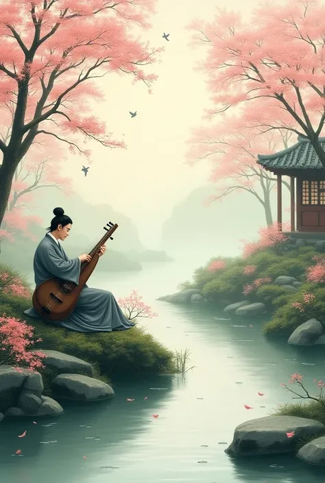 spring，stream，Birds chirp，Guzheng singing