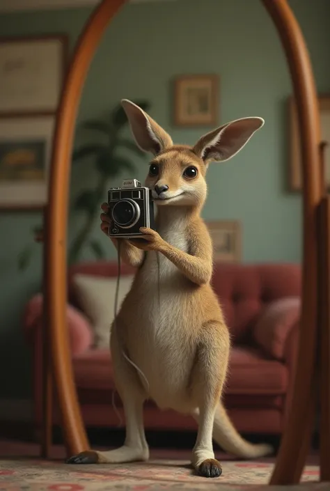 Create an image of a kangaroo taking a picture in a mirror in the house