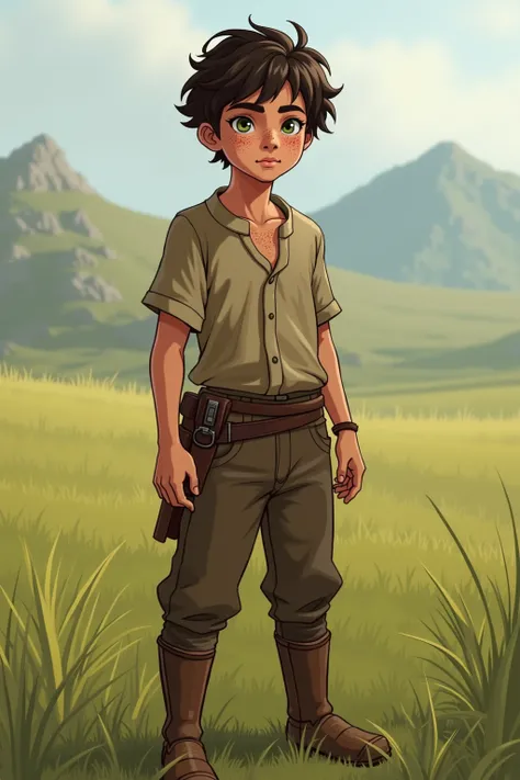 A 16-year-old human male with tousled dark brown hair and striking green eyes. His face is covered in freckles. He has a tall, lean build. He wears simple, practical farmers clothing: worn boots, durable pants, and a loose-fitting rough fabric shirt. His e...