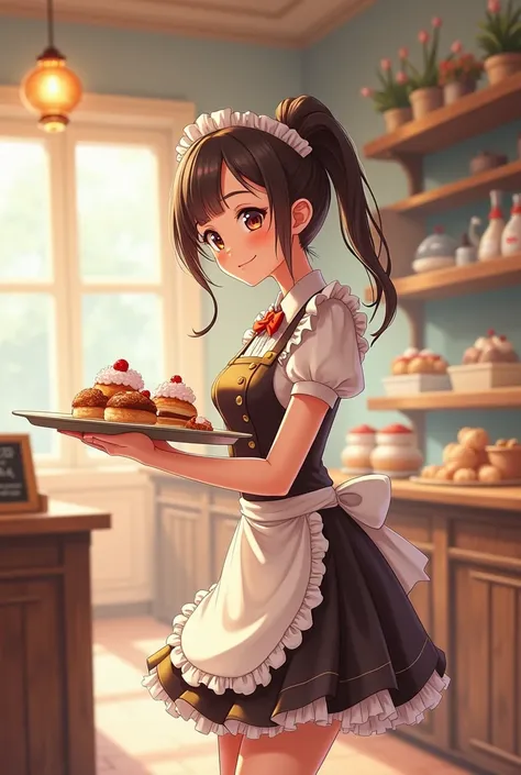 I want an image of a girl who is a pastry waitress and who doesnt read it on the tray I want to put my QR oh 