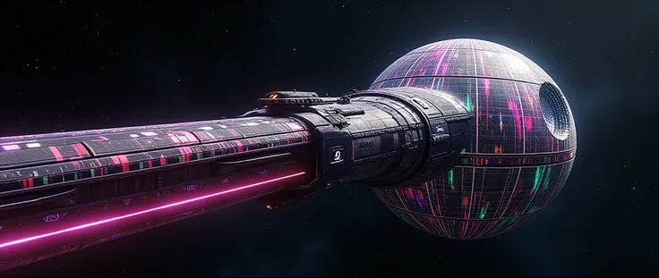 Death star with giant futuristic rifle barrel at the barrel, covered in rainbow batik pattern and glowing rainbow rune symbols