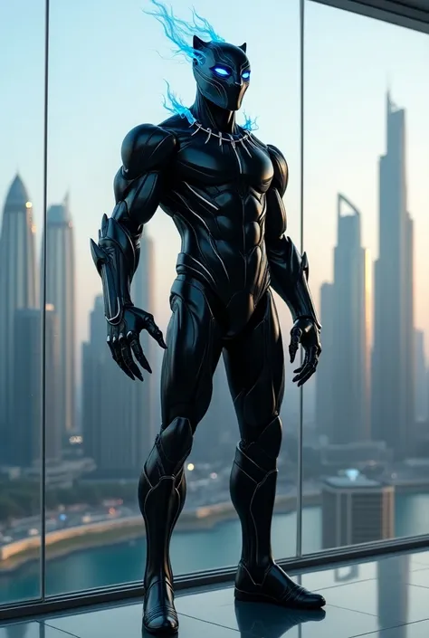 A hybrid of Ghost Rider and Black Panther stands on a glass-walled terrace overlooking the Dubai skyline, his form a mix of panther-like agility and fiery intensity. His head glows with subtle, blue-tinged flames, while his suit has metallic, clawed accent...