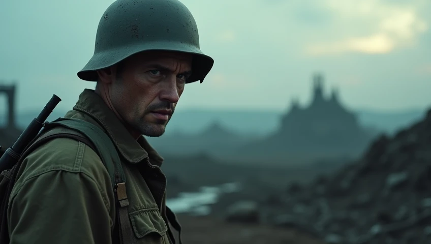 Create an epic cinematic scene of a WWII battlefield at dusk, with a tired, exhausted soldier in the foreground, wearing authentic WWII gear and a weary expression. The soldier’s face reflects sadness and fatigue, showing the toll of war, with dirt and sli...