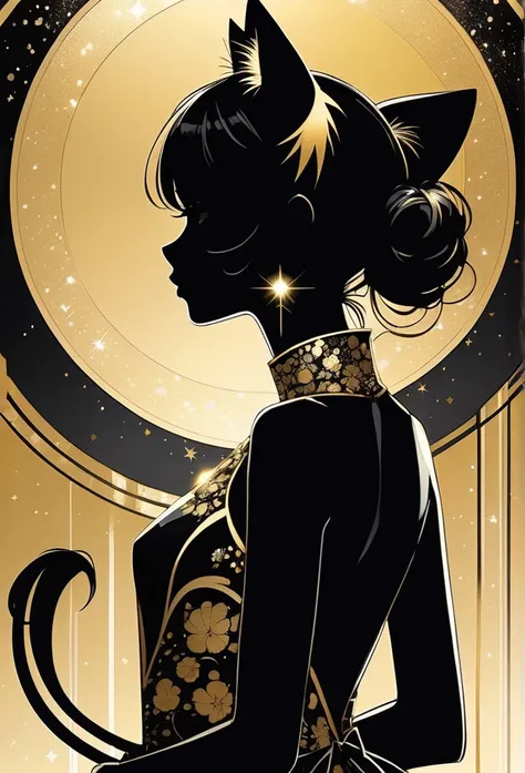 (Ashley Wood (Ashley Wood) style of:1.4)，Black and gold color combination，Silhouette，Anime Silhouette style，Flat 2D illustration，1 Girl，Cat ear，Gorgeous Black，Gold embroidered dress，Sparkling gold，gold circular background with some black silhouettes，monoch...