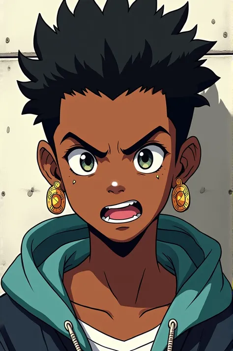 Creates an anime-style image of a black teenager with earrings and an eye slap 