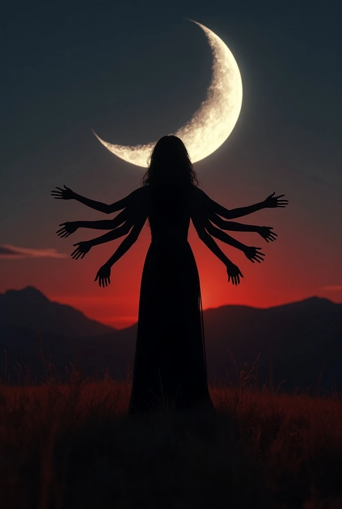 an image of the silhouette of a woman with eight arms with her back to the crescent moon in perfect symmetry the peaks of the moon must be facing upwards, the woman is dressed only in a black dress and black hair, she is in the middle of a field of half-dr...