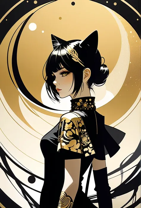 (Ashley Wood (Ashley Wood) style of:1.4)，Black and gold color combination，Silhouette，Anime Silhouette style，Flat 2D illustration，1 Girl，Cat ear，Gorgeous Black，Gold embroidered dress，Sparkling gold，gold circular background with some black silhouettes，monoch...