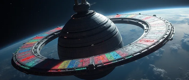 Death star with giant futuristic rifle barrel at the barrel and giant metal ring orbiting it, covered in rainbow batik pattern and glowing rainbow rune symbols