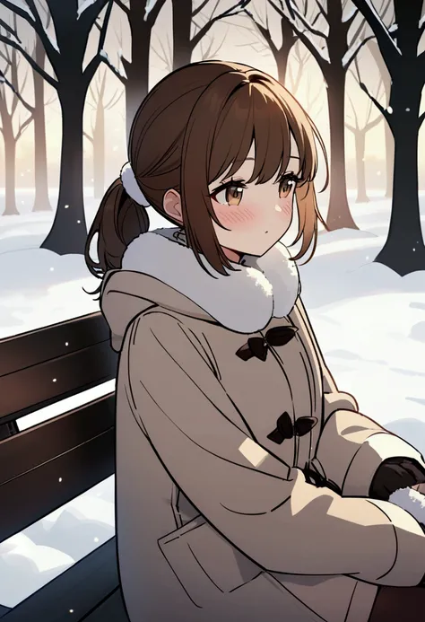 A pretty girl in a light beige winter coat, seated on a bench in a snowy park, softly gazing ahead, ponytail, brown hair, light skin with subtle blush, detailed facial features, calm expression, winter setting； detailed snow-covered ground with trees in th...