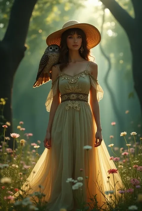 A beautiful young woman with magical clothes and a magic hat and an owl on her shoulder In the middle of the beautiful and mysterious forest