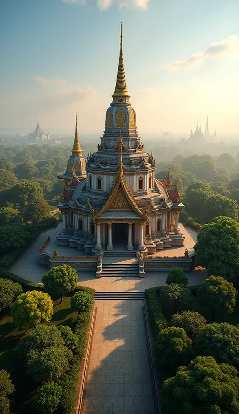 A bird eye view of Wat Mahathat, Mueang Sukhothai District, Sukhothai Province, northern Thailand, blue sky, sunlight, morning glory, realistic, UHD, high resolution image.