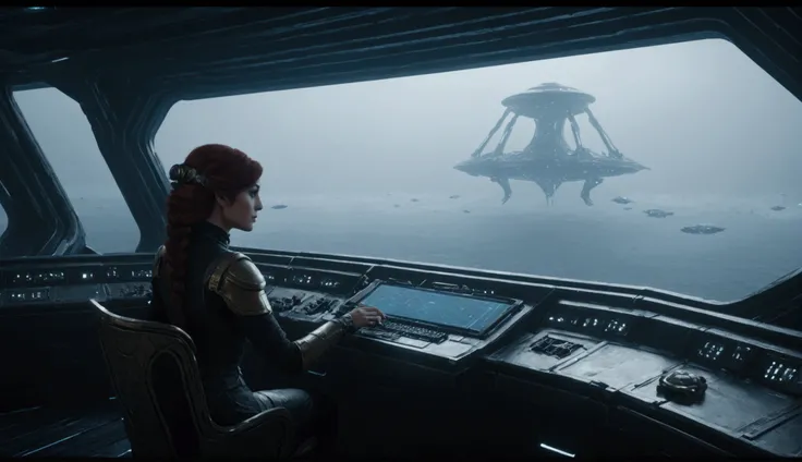 Lady Zero as a mystery writer, who is writing in a misty atmosphere, on her laptop.Shes writing her story about this bridge scene. The whole starship bridge around her is holographic.Lady Zero as a mystery writer, who is writing in a misty atmosphere, on h...