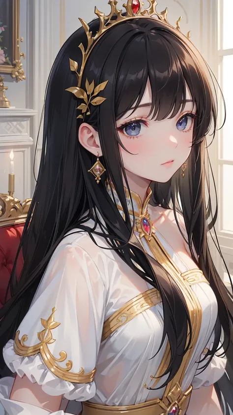 ((masterpiece)), ( Texture texture  ), ((high detail)),    is the best picture quality , Awards, 8K,   young girl  , Back， silk dress , noble, Princess, Queen, Black Hair,   long straight hair and hair accessories  , Crystal Earrings，  in a grand palace 