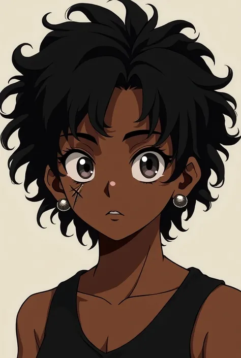 Creates an anime-style image of a black teenager with earrings and a scar with curly hair 
