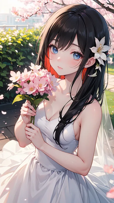     long black straight hair ,    Wedding Dress，  white dress,    blue eyes，  Holding flowers  , healthy skin, Outdoor scenery, Cherry Blossoms Flying,  Bright natural light     ,     The sun shines in from the top left,   A warm and gentle atmosphere  , S...