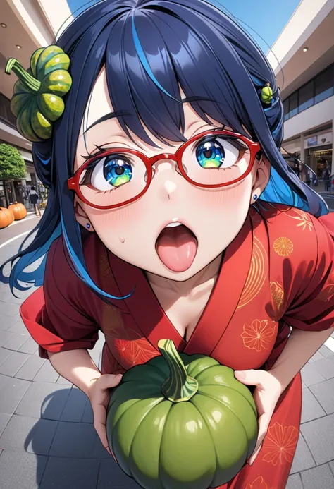 (best masterpiece, high resolution: 1.5), (8K, RAW photo, fisheye effect, perfect anatomy, golden ratio: 1.3), pointillism, professional photography, gaze, lone Japanese idol, (real: 0.5 ), (Eating green pumpkin: 1.5), (Green pumpkin pattern, Red Yukata: 1...