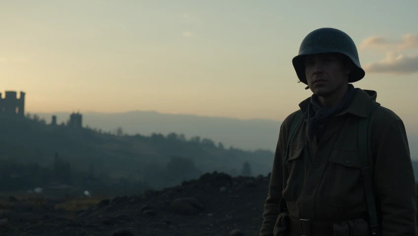 Create a cinematic scene of a WWII soldier at dusk, standing alone on a quiet battlefield, with an expression of deep fatigue and solemnity. The soldier wears classic WWII gear and has a tired look, as if reflecting on the hardships hes endured. Background...