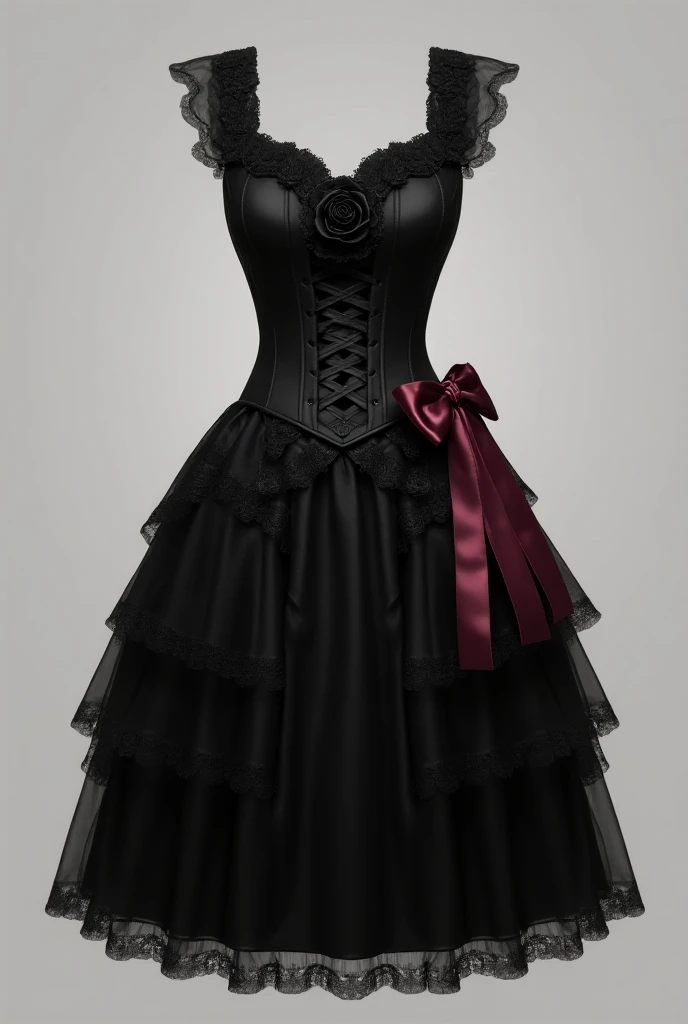  I want you to illustrate in a drawing a dress that meets the following indications :
 Corset-style upper part ,  part of the torso with black fabric that has a black rose design ,  that the neckline has as a lace on the edge of the upper part ,  that fits...