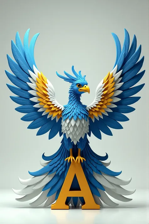 A picture of a blue, white and yellow Garuda bird with the addition of the uppercase or capital letter "A" with 3D dimensions