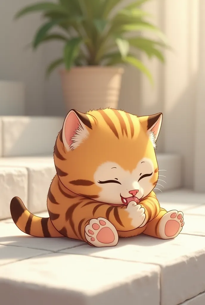 masterpiece, best quality, 8k, highres, high bright,chibi,tiger-striped kitten, lie down,full body, relax, closing eyes,grooming, self Grooming,tongue,on stone steps, cute, minimalistic, orange and black fur, tilted head, soft lighting, white stone background, warm atmosphere, clean lines, minimal shadows